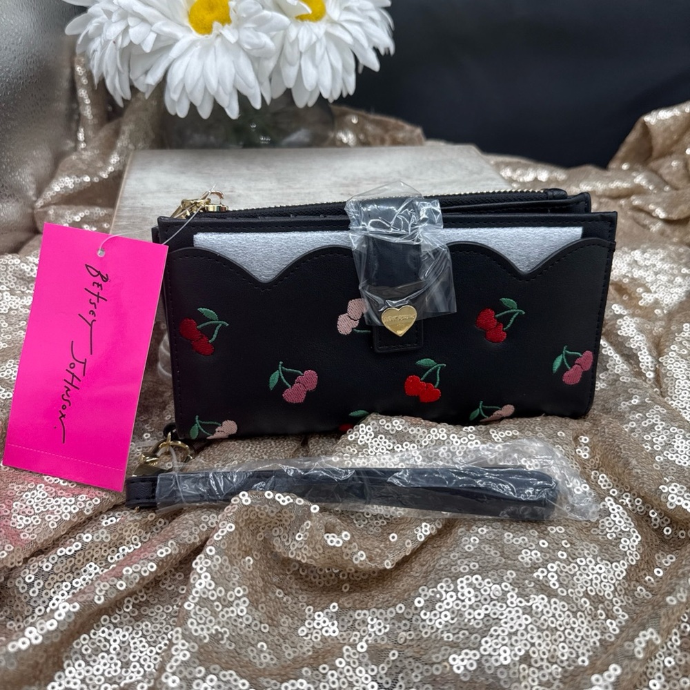 Betsey Johnson Black Cherry Embroidered Wallet Wristlet
